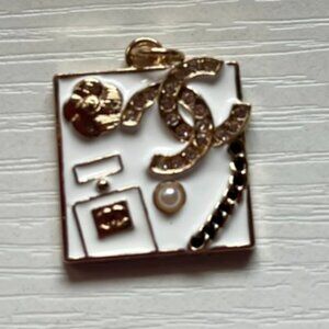 White Enamel Perfume Bottle Charm Pendant – Gold & White